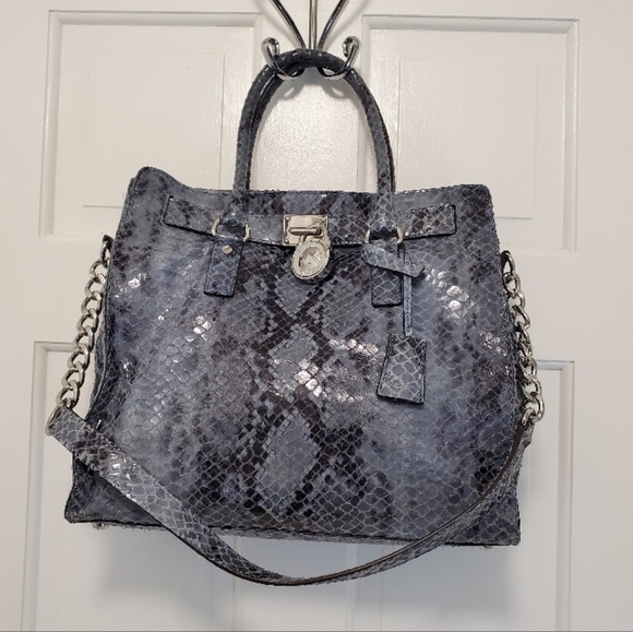 Michael Kors Python-Print Hamilton Blue Leather Tote/Shoulder Bag - Picture 1 of 10